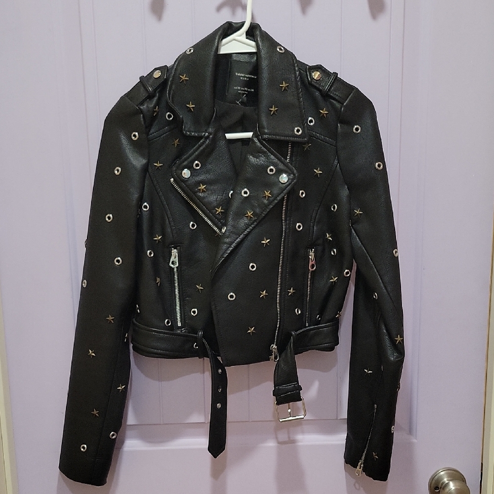 Zara Black Leather Jacket with Studded Details